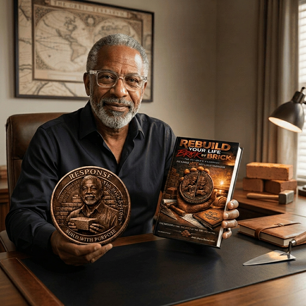Author holding The Brick System book and coin